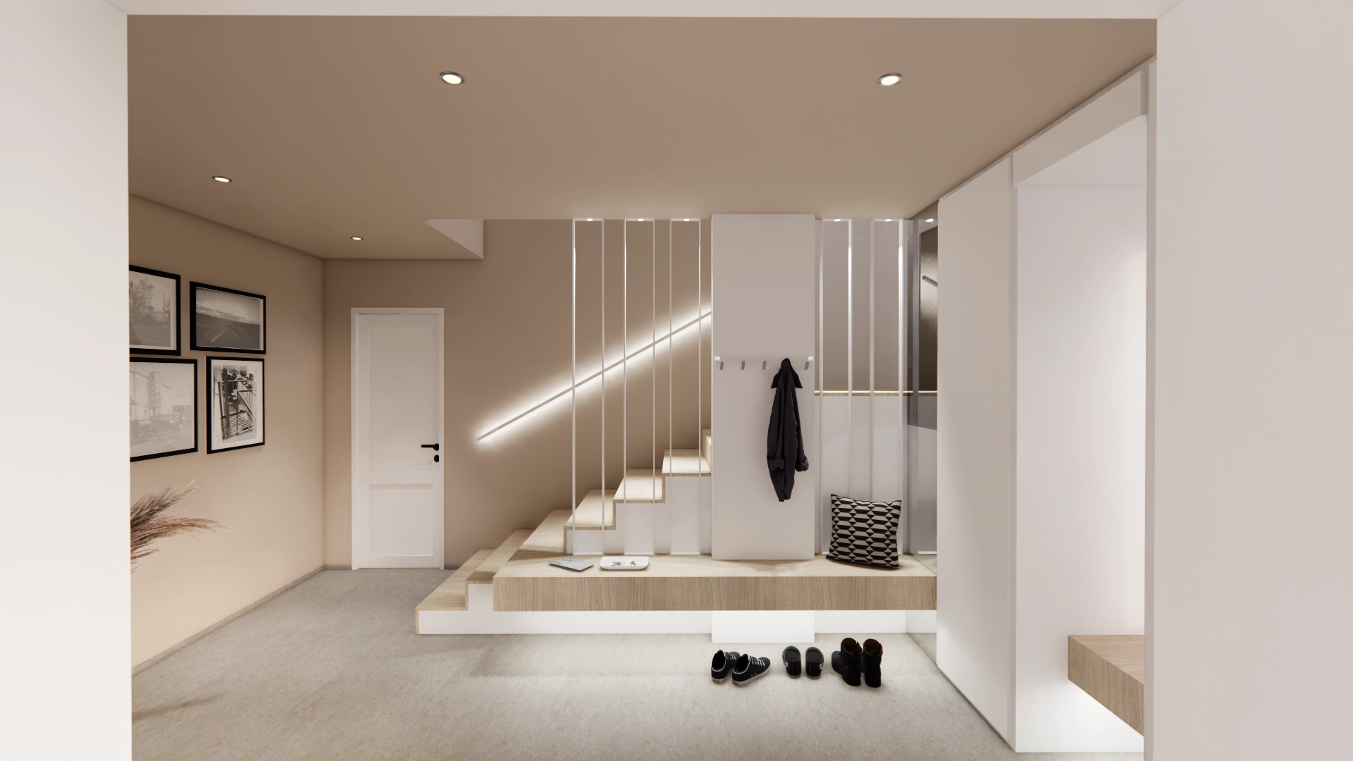 Visualisierung: Eingangsbereich mit Treppe, Sitzpodest in Eiche und Garderobe