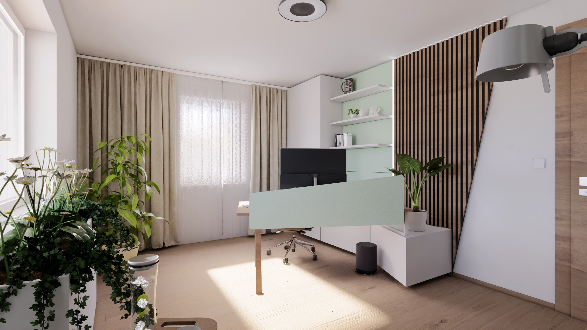 Visualisierung eines Homeoffice mit Eichenlamellen, hellgrüner Akustikwand und Tischpaneel