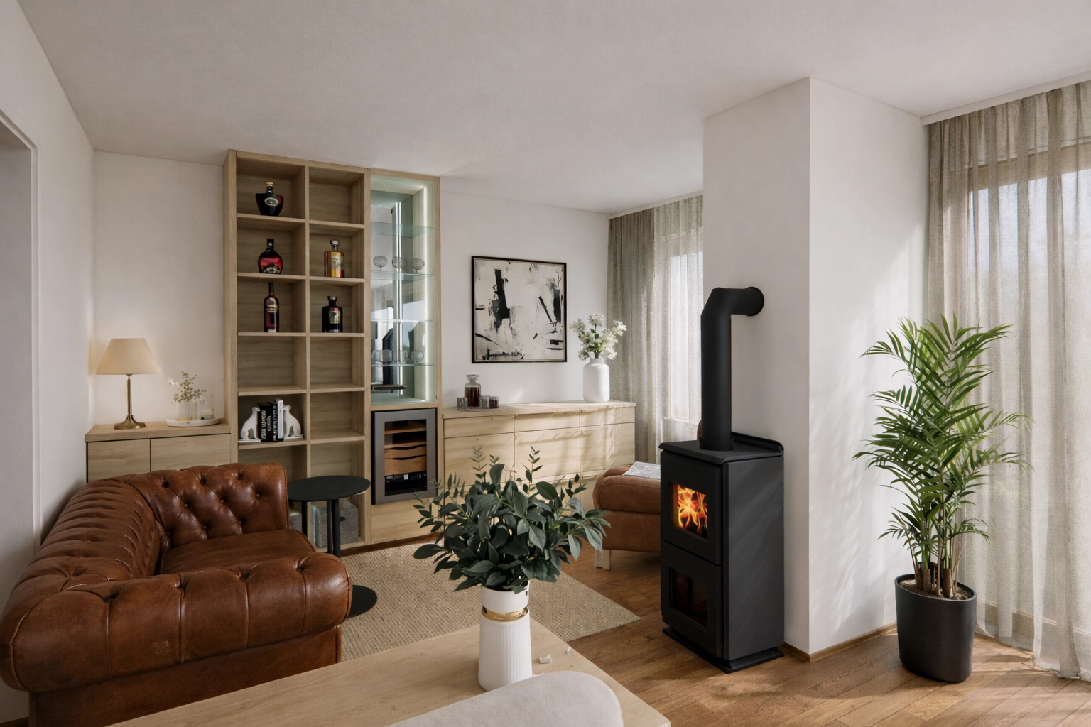 Visualisierung: Wohnraum mit Cognac-Ledersofa, Regalwand in Eiche, Sideboard und Kaminofen